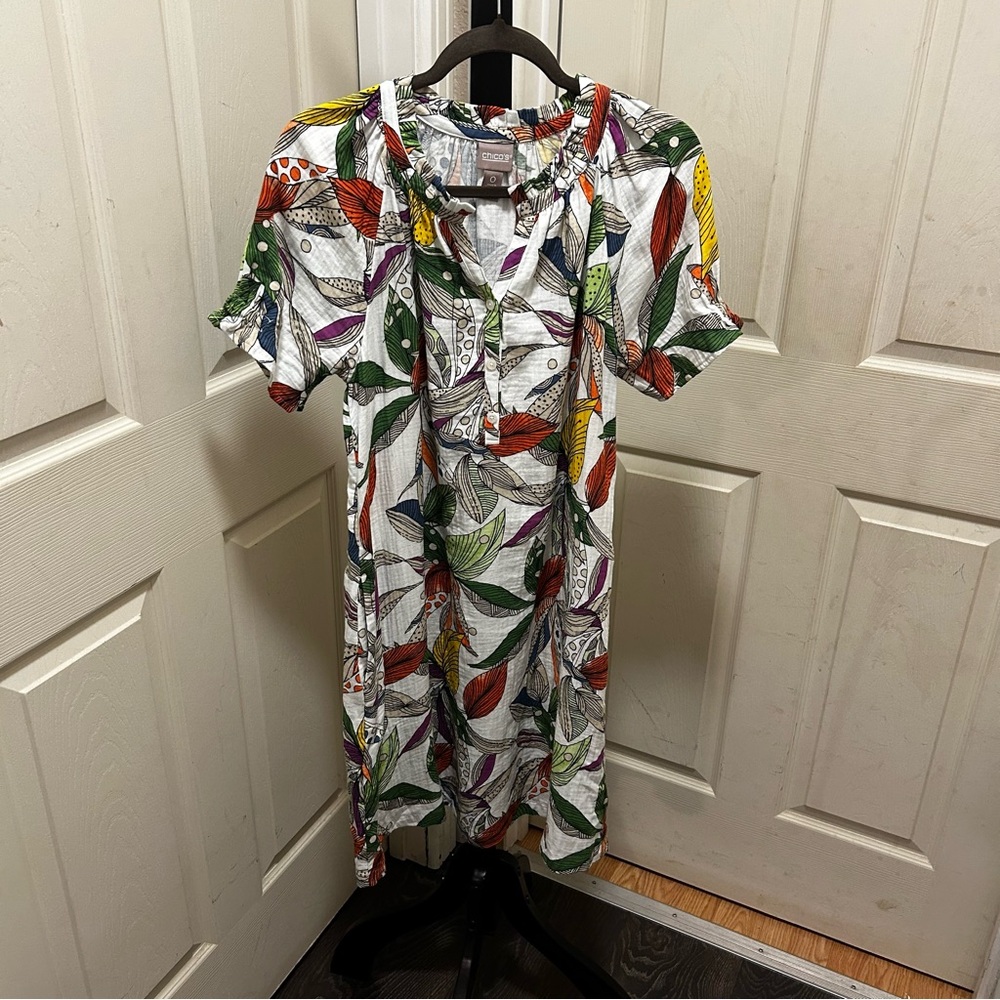 Chico's Tropical Abstract Leaf Print Dress White Multicolor Short Sleeve S